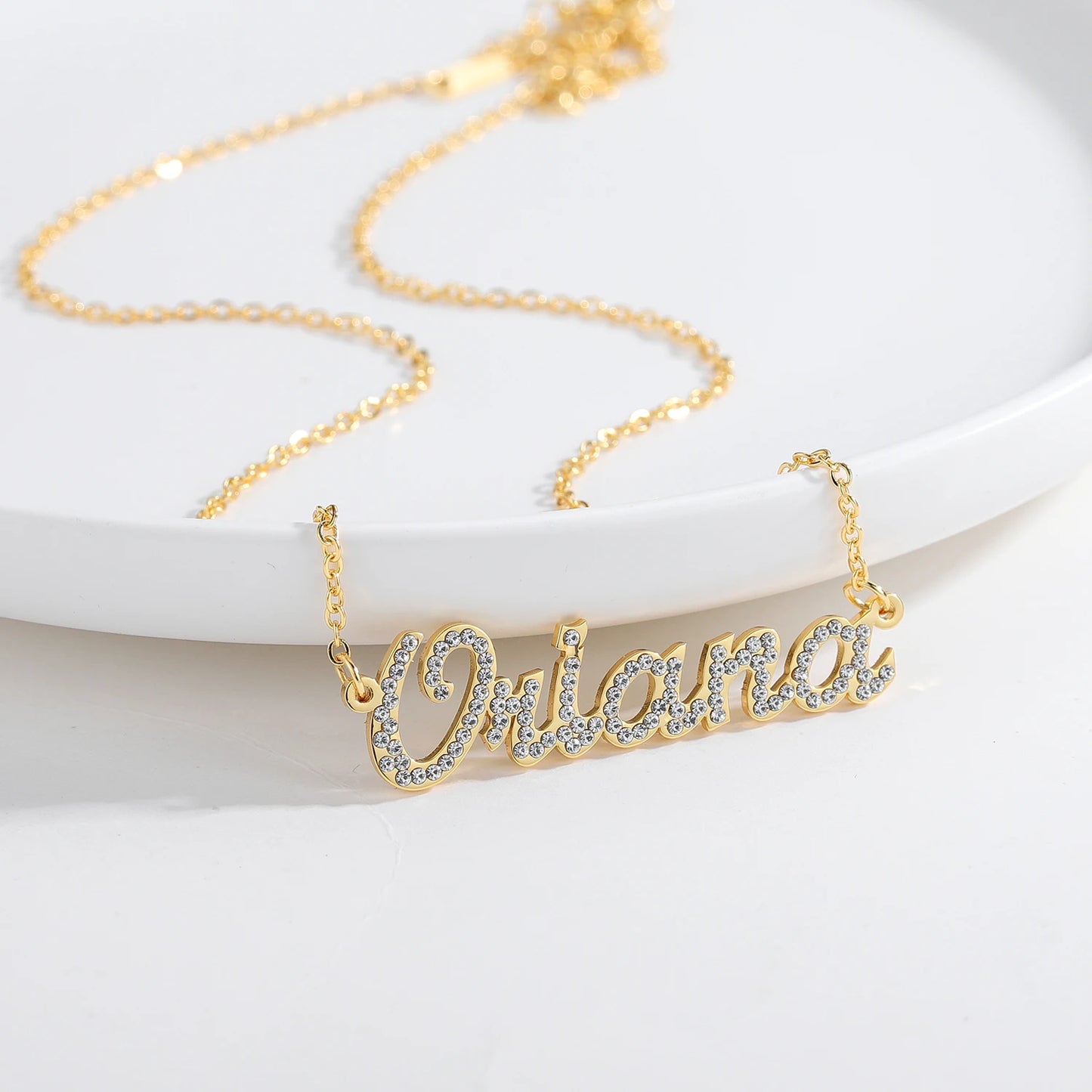 Dot Diamond Cut Necklace Personalized Stainless Steel Name Pendant 18K Gold Plated