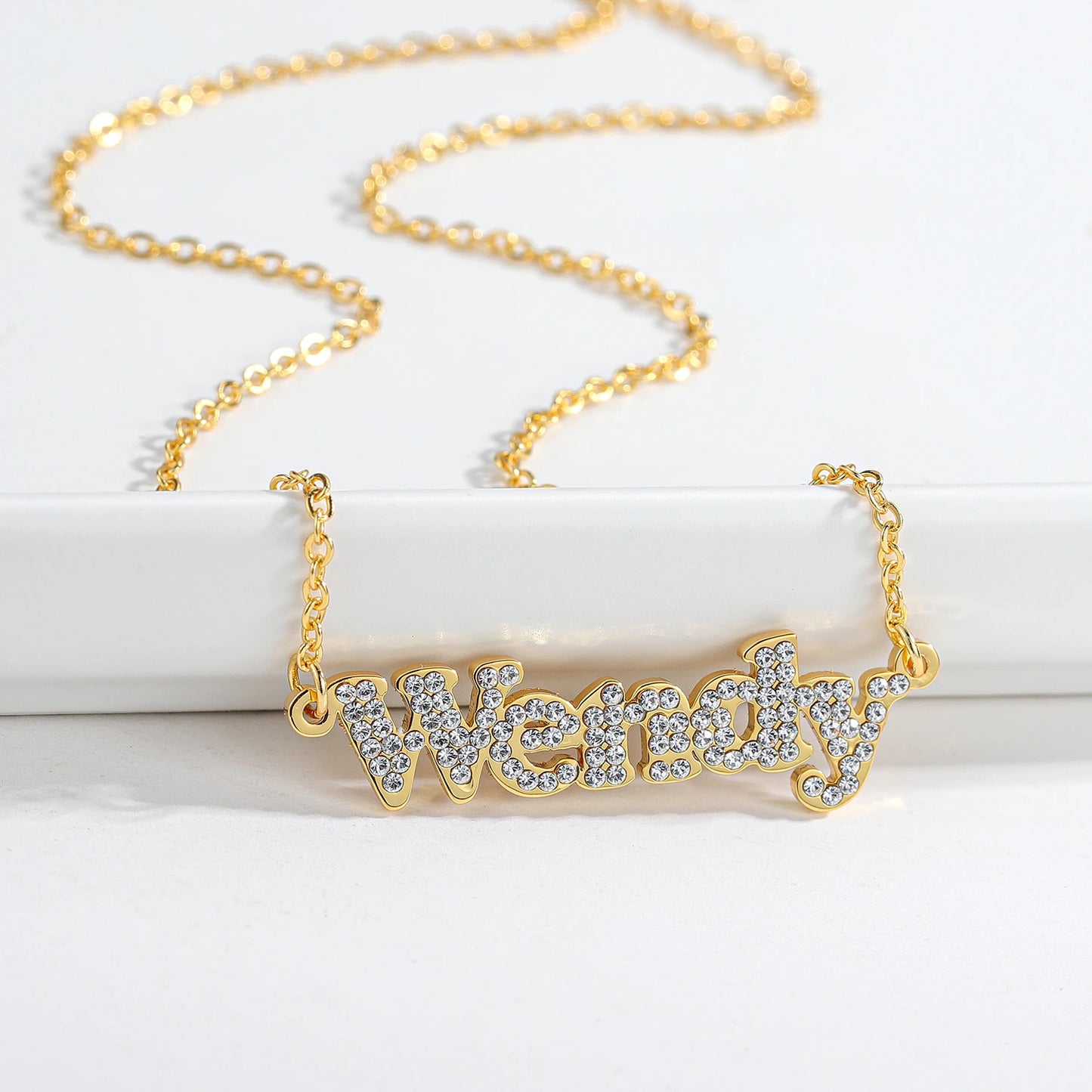 Dot Diamond Cut Necklace Personalized Stainless Steel Name Pendant 18K Gold Plated