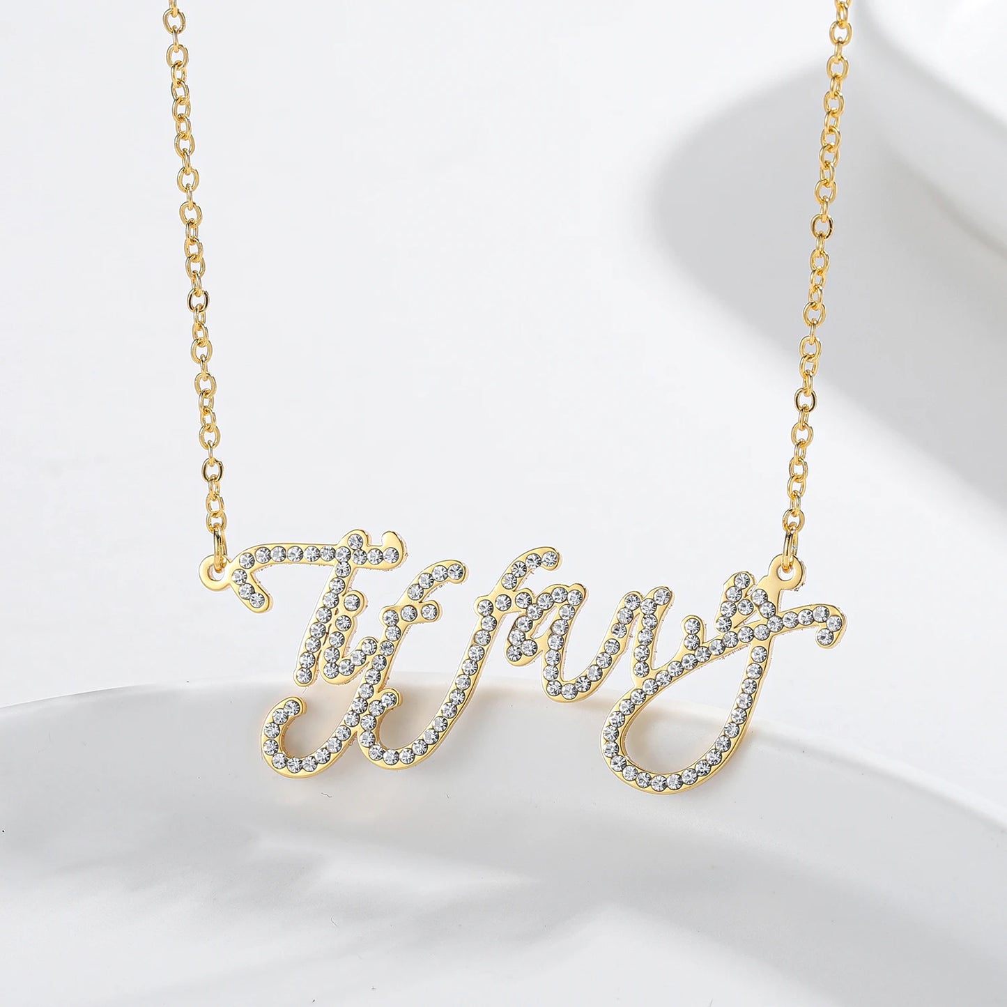 Dot Diamond Cut Necklace Personalized Stainless Steel Name Pendant 18K Gold Plated