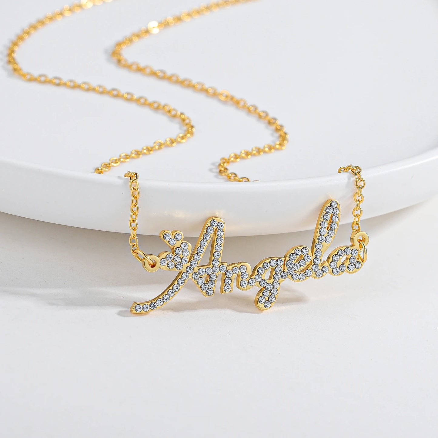 Dot Diamond Cut Necklace Personalized Stainless Steel Name Pendant 18K Gold Plated