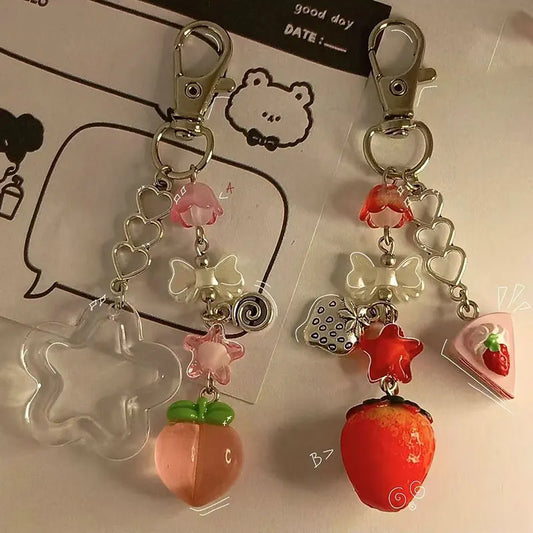 Strawberry and peach matching keychain handmade jewelry